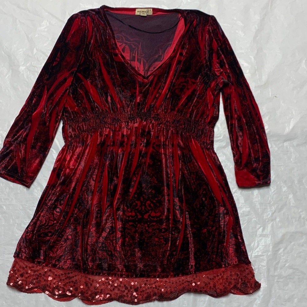 One World Y2K Red Velvet Babydoll Dark Romantic Whimsygoth Sequin Hem Top Size S